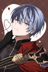  1boy aoyagi_touya blue_hair closed_mouth commentary earrings flower grey_eyes heart jewelry looking_at_viewer male_focus mole mole_under_eye multicolored_hair never_give_up_cooking!_(project_sekai) official_alternate_costume official_alternate_hairstyle project_sekai pru_531 rose short_hair solo two-tone_hair upper_body watermark 