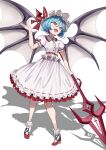  1girl :d absurdres arm_up bat_wings belt beriko_(dotera_house) blue_hair bobby_socks bow brooch buttons collared_shirt fang frilled_shirt frilled_shirt_collar frilled_skirt frilled_sleeves frills full_body hair_over_eyes hat hat_bow high_heels highres holding holding_weapon jewelry mob_cap open_mouth puffy_short_sleeves puffy_sleeves red_belt red_bow red_eyes red_footwear remilia_scarlet shadow shirt shoes short_hair short_sleeves skirt skirt_set smile socks solo spear_the_gungnir touhou weapon white_background white_headwear white_shirt white_skirt white_socks wings 