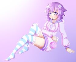  1girl blush choker commentary d-pad d-pad_hair_ornament drawstring emblem hair_ornament highres hood hoodie medium_hair mimilie neptune_(neptunia) neptune_(series) no_shoes purple_hair sidelocks smile socks solo striped_clothes striped_socks striped_thighhighs thigh-highs tongue tongue_out usb violet_eyes white_choker 
