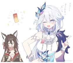  2girls animal_ear_fluff animal_ears aqua_dress blue_eyes breasts brown_hair brown_kimono closed_eyes dress fox_ears fox_girl fugue_(honkai:_star_rail) hair_between_eyes hair_ornament highres honkai:_star_rail honkai_(series) japanese_clothes kimono long_hair looking_at_viewer medium_breasts multiple_girls open_mouth simple_background sleeveless sleeveless_dress star_(symbol) sweatdrop tingyun_(honkai:_star_rail) translation_request two-tone_dress upper_body uwasewau white_background white_dress white_hair yao_guang_(honkai:_star_rail) 