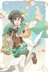  1boy anemo_symbol_(genshin_impact) aqua_hair basket beret bird blue_sky border bow bowtie braid brown_bow brown_bowtie brown_footwear brown_hair brown_vest cape cecilia_flower_(genshin_impact) commentary dove erua_(_8eru) falling_flower falling_petals flower foot_out_of_frame genshin_impact gold_trim gradient_hair green_cape green_eyes green_headwear green_shorts hand_up hat hat_flower highres holding holding_basket leg_up loafers long_sleeves looking_at_viewer male_focus multicolored_hair one_eye_closed open_mouth pantyhose pantyhose_under_shorts petals shirt shoes short_hair_with_long_locks shorts side_braids sky smile solo throwing twin_braids twitter_username venti_(genshin_impact) vest vision_(genshin_impact) white_flower white_pantyhose white_shirt 