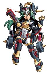  1girl armor armored_boots black_armor black_bodysuit bodysuit boots closed_mouth covered_navel gauntlets gold_armor green_hair gun hair_between_eyes harakawa_mitsuhiro headgear holding holding_gun holding_weapon light_smile long_hair marion_(shinrabanshou) mecha_musume multicolored_armor multicolored_bodysuit official_art power_suit red_bodysuit shinrabanshou solo third-party_source transparent_background weapon white_bodysuit yellow_eyes 