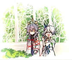  1boy 1girl arms_at_sides bead_necklace beads bouquet bush butterfly_ornament closed_eyes coat dress elbow_gloves facing_to_the_side flower gloves gold_halo grey_hair hair_intakes hair_ornament halo halo_behind_head hands_up hashtag-only_commentary highres holding holding_bouquet honkai:_star_rail honkai_(series) indoors jewelry kurageninja long_hair looking_down mechanical_halo medium_hair necklace no_mouth open_clothes open_coat open_mouth pinky_out purple_shirt shirt side_ponytail strapless strapless_dress string string_of_fate sunday_(honkai:_star_rail) triangle_mouth very_long_hair white_coat white_dress white_flower white_gloves white_hair yao_guang_(honkai:_star_rail) yellow_eyes 