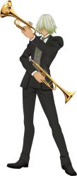  1boy artist_request black_coat black_necktie black_pants black_shoes coat dezel_(orchestra)_(tales) dezel_(tales) dual_wielding full_body game_cg gradient_hair green_hair green_necktie grey_hair grey_suit hair_over_eyes highres holding holding_instrument holding_trumpet instrument multicolored_hair necktie official_alternate_costume official_art pants shoes short_hair smile solo standing striped_clothes striped_necktie suit tales_of_(series) tales_of_asteria tales_of_zestiria teeth third-party_source transparent_background trumpet two-tone_hair 