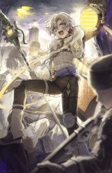  1girl 3boys absurdres aedon_(genshin_impact) arm_up artist_name bird black_gloves black_hat black_pants black_shoes blue_eyes blurry blurry_foreground chest_harness clouds coat commentary_request coppepan dated earrings fur-trimmed_coat fur-trimmed_sleeves fur_hat fur_trim genshin_impact gloves grey_coat grey_hair gun hair_between_eyes harness hat highres holding holding_gun holding_lantern holding_polearm holding_weapon illuga_(genshin_impact) jewelry knee_pads lantern lapels leg_warmers lighthouse long_sleeves looking_at_viewer male_focus mole mole_under_eye multicolored_hair multiple_boys night open_clothes open_coat open_mouth outdoors overcast pants parted_bangs planted planted_sword polearm prospector's_shovel_(genshin_impact) purple_sash red_hair ribbed_sweater rifle rock sash scar scar_on_neck shoes short_hair signature single_earring sky sleeveless sleeveless_sweater standing sweater sword teeth thigh_strap turtleneck turtleneck_sweater twitter_username two-tone_hair ushanka v-shaped_eyebrows vision_(genshin_impact) weapon white_leg_warmers white_sweater 