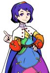  1girl :3 belt blue_cape brown_belt cape closed_mouth cowboy_shot dress hairband hand_on_own_hip hand_up index_finger_raised long_sleeves looking_at_viewer multicolored_clothes multicolored_dress parody puffy_long_sleeves puffy_sleeves purple_hair short_hair smile solo stitches style_parody subarashiki_kono_sekai teddytedbert tenkyuu_chimata touhou transparent_background two-sided_cape two-sided_fabric violet_eyes white_cape 