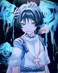  1boy 316_yogurt absurdres arms_at_sides belt black_background black_bridal_gauntlets black_hair blue_belt blue_bow blue_flower blue_kimono blue_rose blue_sleeves blunt_ends bow bridal_gauntlets choppy_bangs closed_mouth clothing_cutout commentary_request empty_eyes eyeliner feathers floral_background flower furisode genshin_impact glint gold_ring grey_eyes hand_on_another's_shoulder hands_on_another's_head highres holding index_finger_raised japanese_clothes kariginu kimono layered_sleeves looking_at_viewer makeup middle_ring needle pom_pom_(clothes) purple_nails raiden_shogun red_eyeliner rose scaramouche_(genshin_impact) scaramouche_(kabukimono)_(genshin_impact) sewing_needle short_sleeves side_cutout stitched_mouth stitches string tasuki thread tsurime upper_body white_sleeves yellow_feathers 