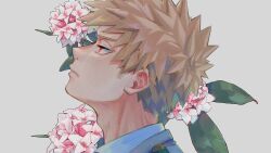  1boy adam's_apple bakugou_katsuki blonde_hair blush boku_no_hero_academia closed_mouth commentary_request flower flower_request from_side grey_background grey_jacket head_back highres jacket leaf male_focus pink_flower profile red_eyes school_uniform shirt short_hair simple_background solo spiky_hair u.a._school_uniform unou_(unou_mha) white_shirt 