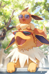  animal_focus brown_fur commentary_request eevee highres jolteon neck_fur no_humans on_head open_mouth outdoors pokemon pokemon_(creature) pokemon_focus pokemon_on_head shine_cheese smile sunglasses tail tinted_eyewear tree yellow_fur 