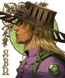  1boy absurdres brown_hair brown_hat collared_shirt commentary cowboy_hat english_commentary facial_hair filigree from_side green_eyes gyro_zeppeli hat highres jojo_no_kimyou_na_bouken lis_cepu long_hair male_focus parted_lips profile purple_shirt shirt solo steel_ball_run white_background 