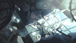  1girl all_ways_jump!_with_you_(project_sekai) apron aqua_hair aqua_theme asymmetrical_legwear back_bow black_dress black_hat black_sleeves black_thighhighs blue_bow bouquet bow buttons center_frills chair chandelier closed_mouth clover_earrings clover_hat_ornament collared_dress colorful_palette cookie cup daffodil detached_sleeves dress earrings feet_out_of_frame fingernails flower food fork frilled_shirt_collar frilled_sleeves frills frown game_cg grey_eyes grey_hat grey_nails grey_shoes hair_spread_out hand_on_own_stomach hat highres hinomori_shizuku jewelry layered_dress long_hair looking_to_the_side lying macaron mismatched_legwear mole mole_under_mouth muffin multicolored_nails nail_polish official_alternate_costume official_art on_back peony_(flower) plate project_sekai puffy_detached_sleeves puffy_sleeves shoes sidelighting solo striped_apron striped_bow striped_clothes striped_hat striped_thighhighs sweets t-bar_sandals tea_set teacup teapot thigh-highs third-party_source tiered_tray tray white_apron white_bow white_dress white_flower white_nails white_thighhighs wrist_cuffs 