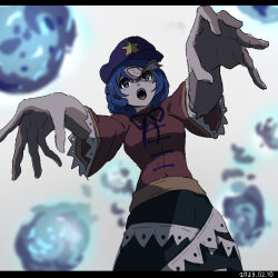  1girl black_skirt blue_eyes blue_hair blurry breasts dated depth_of_field hat hat_ornament jiangshi lace-trimmed_sleeves lace_trim letterboxed medium_breasts miyako_yoshika neck_ribbon ofuda open_mouth outstretched_arms purple_hat red_shirt ribbon shirt shishi_osamu skirt solo star_(symbol) star_hat_ornament touhou zombie_pose 