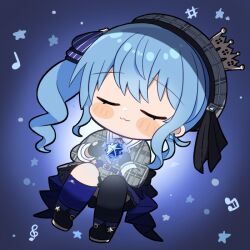  1girl :3 black_boots blue_background blue_hair blue_socks blush_stickers boots chibi chibi_only closed_eyes closed_mouth commentary_request crown dot_nose full_body grey_hat grey_shirt hat hololive hoshimachi_suisei kneehighs long_hair long_sleeves musical_note nabe_(nabe_otome) plaid_clothes plaid_hat plaid_shirt shirt side_ponytail smile socks solo star_(symbol) unmoving_pattern virtual_youtuber 