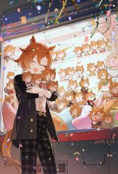  absurdres animal_ears black_jacket black_pants blush bow bowtie cape character_doll checkered_clothes checkered_pants closed_eyes confetti crown doll gold_corset hair_between_eyes happy_birthday highres holding holding_doll horse_ears horse_girl horse_tail hugging_doll hugging_object jacket long_sleeves meloen_ha mini_crown open_clothes open_mouth orange_hair orange_tail pants pink_cape pink_crown pleated_skirt purple_bow purple_bowtie purple_shirt sailor_collar sailor_shirt scarf school_uniform shirt short_hair skirt smile stuffed_animal stuffed_carrot stuffed_sheep stuffed_toy sunglasses t.m._opera_o_(casual)_(umamusume) t.m._opera_o_(o_sole_suo!)_(umamusume) t.m._opera_o_(umamusume) tail tracen_school_uniform two-tone_skirt umamusume violet_eyes white_sailor_collar white_shirt white_skirt 