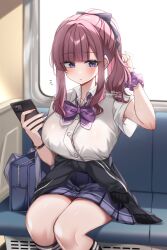  1girl adjusting_hair armpit_peek bag black_jacket black_ribbon black_socks blue_bag blue_skirt blunt_bangs blush bow bowtie bracelet breasts cellphone clothes_around_waist collared_shirt commentary_request cropped_legs hair_ribbon highres holding holding_phone jacket jacket_around_waist jewelry kneehighs kyusai_kuma large_breasts looking_at_viewer mole mole_under_eye notice_lines original parted_lips phone pleated_skirt polka_dot polka_dot_scrunchie ponytail purple_bow purple_bowtie purple_scrunchie red_hair ribbon school_bag school_uniform scrunchie shirt short_sleeves sidelocks sitting skirt smartphone socks solo train_interior twitter_username violet_eyes white_shirt wrist_scrunchie 