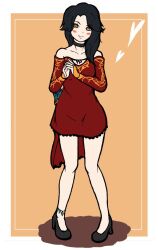  1girl black_choker black_hair black_shoes blush border choker cinder_fall commentary_request dress hair_over_one_eye heart high_heels jyujyu_25 long_hair red_dress rwby shoes smile solo white_border yellow_eyes 