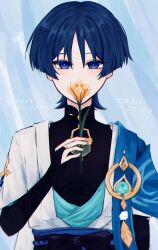  1boy 316_yogurt absurdres anemo_symbol_(genshin_impact) aqua_gem aqua_kimono arm_at_side belt birthday black_belt black_bodysuit black_bow black_bridal_gauntlets blue_cape blue_eyes blue_hair blue_rope blue_sash blue_sleeves blunt_ends bodysuit bow bridal_gauntlets cape choppy_bangs commentary_request eyeliner feathers flower flower_over_mouth furisode gem genshin_impact gold gold_ring hand_up happy_birthday highres holding holding_flower japanese_clothes juban kimono layered_sleeves light_blush looking_at_viewer makeup male_focus mandarin_collar middle_ring open_clothes open_kimono pom_pom_(clothes) portrait red_eyeliner rope sash scaramouche_(genshin_impact) short_sleeves shoulder_peek side_cape simple_background solo straight-on tsurime vision_(genshin_impact) wanderer_(genshin_impact) white_hair white_kimono white_sleeves yellow_feathers yellow_flower 