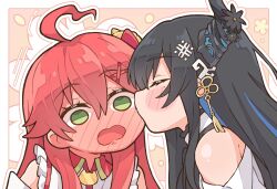  2girls ahoge black_hair blue_hair blush closed_mouth colored_inner_hair commentary demon_horns english_commentary hair_ornament highres hololive hololive_english horns japanese_clothes kimono kiss kissing_cheek kukie-nyan long_hair looking_at_viewer mole mole_under_eye multicolored_hair multiple_girls nerissa_ravencroft nerissa_ravencroft_(1st_costume) open_mouth pink_hair sakura_miko sakura_miko_(1st_costume) very_long_hair virtual_youtuber white_kimono white_sleeves x_hair_ornament yuri 