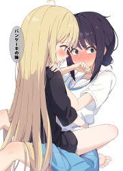  2girls @_@ ahoge arm_around_waist averting_eyes barefoot black_hair black_shirt blush bracelet chahanramen cho_kaguya-hime! commentary face-to-face green_eyes hair_bun hand_on_another's_shoulder hand_on_own_chin heart heart_ahoge highres jewelry kaguya_(cho_kaguya-hime!) long_hair mole mole_under_eye multiple_girls red_eyes sakayori_iroha school_uniform serafuku shirt short_sleeves single_hair_bun sitting sitting_on_lap sitting_on_person translated very_long_hair white_background white_serafuku yuri 