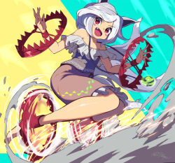  1girl :d animal_ears aqua_background bare_shoulders barefoot bear_trap commentary_request dog_ears dog_girl dog_tail fang full_body grey_hair jewelry mitsugashira_enoko multiple_tails off-shoulder_shirt off_shoulder open_mouth pendant purple_shirt purple_skirt red_eyes shirt short_hair skirt smile solo syope tail touhou two-tone_background yellow_background 