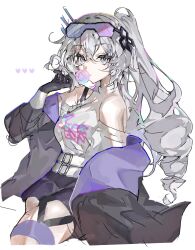  1girl bare_shoulders belt black-framed_eyewear black_gloves black_jacket black_shorts blue-tinted_eyewear breasts chewing_gum choker closed_mouth clothes_writing commentary_request cowboy_shot drill_hair drill_ponytail eyelashes gloves goggles goggles_on_head grey_eyes hair_between_eyes hair_ornament hand_up haru_1un headpiece heart high_ponytail highres honkai:_star_rail honkai_(series) jacket long_hair long_sleeves looking_at_viewer medium_breasts open_clothes open_jacket pink-tinted_eyewear ponytail puffy_long_sleeves puffy_sleeves purple_jacket shorts sidelocks silver_wolf_(elation)_(honkai:_star_rail) silver_wolf_(honkai:_star_rail) simple_background sitting solo tank_top thigh_strap tinted_eyewear turtleneck two-sided_fabric two-sided_jacket white_background white_belt white_choker white_tank_top 