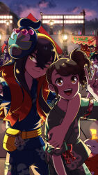  1boy 2girls :d ;) absurdres alternate_color arm_around_neck artist_name bird blue_shirt blurry blurry_background brown_eyes brown_hair candy_apple carmine_(pokemon) character_mask clodsire closed_eyes closed_mouth clouds commentary crossed_bangs dated dipplin english_commentary eyelashes fanny_pack festival festival_jinbei food food_stand fuecoco green_shirt hair_between_eyes highres hoothoot japanese_clothes jinbei_(clothes) juliana_(pokemon) kieran_(pokemon) lantern lens_flare mask mask_on_head multicolored_hair multiple_girls multiple_others munkidori night noctowl official_alternate_costume official_alternate_hairstyle one_eye_closed open_mouth outdoors pokemon pokemon_sv purple_hair sentret shiny_pokemon shirt short_hair short_sleeves side_ponytail sinksanksockie sky smile star_(sky) starly teeth two-tone_hair upper_teeth_only v yellow_bag yellow_eyes 