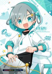  1boy :d aquarius_(constellation) artist_name bead_bracelet beads black_choker black_shirt blush bracelet chizu_(421ooouy) choker commentary_request constellation cowboy_shot drop_shadow earrings green_eyes green_hair grey_pants grid_background hair_between_eyes highres hood hood_up hoodie jewelry long_sleeves looking_at_viewer male_focus open_clothes open_hoodie open_mouth original pants personification shirt short_hair smile solo thick_eyebrows twitter_username watermark white_background white_hoodie white_shirt 