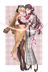  2girls belt belt_buckle black_belt black_bow black_hairband black_shirt black_shoes black_sweater blonde_hair blue_eyes blush border bow brown_background brown_bow brown_hair brown_jacket brown_pantyhose brown_skirt buckle buttons chibinekopan closed_mouth commentary frilled_shirt frilled_shirt_collar frills full_body grey_jacket grey_pants hair_between_eyes hair_bun hair_ornament hairband hand_up heart heart_button heart_hair_ornament heart_hands heart_hands_duo heart_necklace heel_up high-waist_skirt high_belt high_heels high_ponytail highres jacket jacket_on_shoulders jewelry layered_sleeves light_smile long_hair long_skirt long_sleeves looking_at_another looking_to_the_side multiple_girls necklace nose_blush official_alternate_costume official_alternate_hairstyle one_eye_closed outside_border pants pantyhose parted_bangs pink_eyes pink_ribbon plaid_background plaid_clothes plaid_jacket plaid_pants ponytail puffy_long_sleeves puffy_sleeves pumps ribbon rounded_corners saijou_claudine shirt shoes shoujo_kageki_revue_starlight side-by-side side_slit sideways_glance single_side_bun skirt sleeves_past_wrists standing striped_bow striped_clothes striped_shirt sweater tendou_maya turtleneck turtleneck_sweater two-tone_shirt untranslatable_commentary vertical-striped_clothes vertical-striped_shirt very_long_hair watch watch wavy_hair white_belt white_border white_shirt x_hair_ornament yuri 