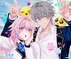  1boy 1girl artist_name black_choker black_jacket blue_bow blue_bowtie blue_eyes bow bowtie buttons caelus_(honkai:_star_rail) choker collared_shirt commission double_v english_commentary fingernails graphia_academy_school_uniform grey_hair hair_between_eyes hand_on_own_face hands_up heart honkai:_star_rail honkai_(series) jacket lapels lips long_sleeves looking_at_viewer march_7th_(honkai:_star_rail) moyamayoi multicolored_eyes official_alternate_costume one_eye_closed open_clothes open_jacket open_mouth pink_hair school_uniform shirt short_hair sidelocks smile teeth trailblazer_(honkai:_star_rail) upper_body v vgen_commission viewfinder violet_eyes white_jacket yellow_eyes 