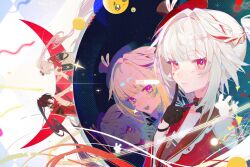  2girls black_gloves chinese_commentary closed_mouth commentary_request diamond_(shape) diamond_facial_mark dual_persona facial_mark facing_another gloves hand_up hat heart heart_facial_mark highres honkai:_star_rail honkai_(series) index_finger_raised lao_qin_xiang_chifan long_hair looking_at_viewer mini_hat mini_top_hat multicolored_hair multiple_girls open_mouth red_hair sitting smile sparkle_(honkai:_star_rail) sparxie_(honkai:_star_rail) streaked_hair top_hat twintails upper_body 