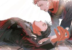  2boys black_eyes black_hair black_jacket black_necktie black_shirt closed_mouth collared_shirt commentary facial_mark highres higuruma_hiromi ikaooi1 itadori_yuuji jacket jujutsu_kaisen looking_at_another lying male_focus multiple_boys necktie on_back on_floor pink_hair shirt short_hair simple_background suit_jacket undercut untranslatable_commentary white_background white_shirt 