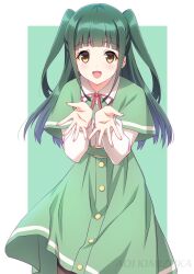  1girl :d artist_name black_pantyhose blunt_bangs border brown_eyes capelet collared_shirt commentary_request cowboy_shot green_background green_capelet green_hair green_skirt highres ikizulive!_love_live!_bluebird kimizuka_aoi looking_at_viewer love_live! medium_skirt neck_ribbon open_mouth outside_border pantyhose pink_ribbon ribbon shirt sidelocks skirt smile solo two_side_up white_border white_shirt yamada_midori 