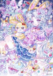  1girl absurdres animal_ears blue_bow blue_eyes blue_skirt blush_stickers bow bowtie candy crescent crescent_moon cross-laced_clothes dress eyelashes fake_animal_ears flower food food-themed_hair_ornament footwear_bow frilled_skirt frills fruit hair_bow hair_flower hair_ornament hairclip heart heart_hair_ornament heart_print highres holding lace_trim long_hair looking_at_viewer moon multiple_hair_bows open_mouth original parted_bangs pastel_colors phone pink_bow pink_ribbon polka_dot polka_dot_bow puffy_short_sleeves puffy_sleeves purple_bow rabbit rabbit_ears rabbit_hair_ornament rainbow ribbon shirt short_sleeves sitting skirt socks solo sparkle star_(symbol) strawberry stuffed_animal stuffed_toy twintails wand watermark white_hair white_socks wings xiaochunli 