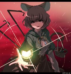  1girl animal_ears apple basket bishamonten's_pagoda breasts brown_skirt capelet dated dowsing_rod food fruit glowing grey_capelet grey_hair jewelry letterboxed long_sleeves looking_at_viewer medium_breasts mouse_(animal) mouse_ears mouse_girl mouse_tail nazrin open_mouth pendant red_background red_eyes shirt shishi_osamu skirt smile solo tail touhou white_shirt 
