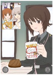  black_hair black_jacket boko_(girls_und_panzer) brown_hair commentary_request cup girls_und_panzer grey_hair happy_birthday highres holding holding_cup itsumi_erika jacket light_smile multiple_girls nekounko nishizumi_family_dog nishizumi_maho nishizumi_miho nishizumi_shiho shirt short_hair smile striped_clothes striped_shirt v video_call 