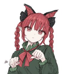  1girl animal_ears black_bow bow bowtie braid cat_ears closed_mouth commentary dress extra_ears green_dress hair_bow highres kaenbyou_rin kashiwada_kiiho long_sleeves looking_at_viewer paw_pose red_bow red_bowtie red_eyes red_hair red_nails signature simple_background solo touhou twin_braids white_background 