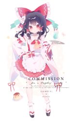  1girl absurdres apron ascot black_sandals bow brown_hair chinese_commentary commentary_request commission dango detached_sleeves food fox_mask frilled_bow frilled_hair_tubes frilled_skirt frills full_body hair_bow hair_tubes hakurei_reimu highres holding holding_tray long_hair looking_at_viewer maid_apron mask mask_on_head misakiii plate platform_sandals pudding red_bow red_eyes red_skirt ribbon-trimmed_sleeves ribbon_trim sample_watermark sandals sanshoku_dango skirt skirt_set socks solo touhou tray wafer_stick wagashi watermark watermark_grid white_socks yellow_ascot 