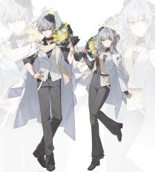  1boy 1girl alternate_costume bangle belt black_belt black_boots black_hat black_pants black_shirt black_tank_top boots bouquet bracelet breasts brown_scarf caelus_(honkai:_star_rail) clenched_hand closed_mouth collarbone collared_shirt dual_persona flower flower_ornament formal_clothes full_body gold_bracelet grey_hair hair_between_eyes hair_bun hair_ornament hand_on_own_hip hashtag-only_commentary hat highres holding holding_bouquet honkai:_star_rail honkai_(series) jacket jewelry lapels leaf_hair_ornament long_hair long_sleeves looking_at_viewer medium_breasts mini_hat necklace open_clothes open_jacket orange_eyes pants parange022_str rose scarf shirt short_hair smile standing standing_on_one_leg stelle_(honkai:_star_rail) striped_clothes striped_jacket suit suit_jacket tank_top trailblazer_(honkai:_star_rail) vest white_flower white_jacket white_vest yellow_flower yellow_rose zoom_layer 