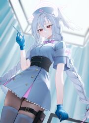  1girl absurdres alternate_costume alternate_hairstyle armband blue_archive blue_gloves braid commentary_request gloves grey_wings halo hat head_wings highres holding holding_syringe infirmary long_hair looking_at_viewer low_twin_braids nurse nurse_cap pink_halo pouch short_sleeves single_head_wing single_wing solo suzumi_(blue_archive) syringe tax_(zeita_gundam) thigh-highs thigh_pouch twin_braids white_armband white_hair white_thighhighs wings 