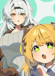  +_+ 2girls absurdres alternate_costume animal_ear_fluff animal_ears breasts brown_jacket collarbone colored_inner_hair commentary english_commentary fang green_eyes grey_sweater hair_between_eyes hair_ornament hairpin highres jacket ju_fufu katr5878 large_breasts long_hair looking_at_another multicolored_hair multiple_girls open_mouth pointing skin_fang striped_fur striped_hair sweater tiger_ears tiger_girl tiger_stripes white_hair yellow_eyes yixuan_(zenless_zone_zero) zenless_zone_zero 