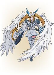  1girl absurdres arm_cannon armor blonde_hair commentary_request cosplay digimon digimon_story:_time_stranger feathered_wings full_body highres horns omegamon_merciful_mode omegamon_merciful_mode_(cosplay) solo tai_(cheungsk1213) twintails weapon white_armor white_wings wings yggdrasill_(digimon) 