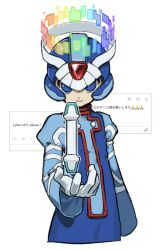  1boy blue_eyes blue_helmet blue_robe cowboy_shot cyber_elf_x_(mega_man) forehead_jewel halo helmet highres male_focus mega_man_(series) mega_man_zero_(series) multicolored_halo noro_zt rainbow_halo request_inset robe solo x_(mega_man) z_saber 