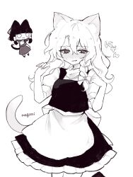  2girls animal_ears apron artist_name back_bow blush bow braid cat_ears cat_girl cat_tail frilled_skirt frills hair_bow hair_tubes hakurei_reimu highres kemonomimi_mode kirisame_marisa long_hair looking_at_viewer missing_headwear multiple_girls nagomi_(nagomi_12) puffy_short_sleeves puffy_sleeves short_sleeves side_braid single_braid skirt smile solo_focus tail touhou translation_request vest waist_apron 