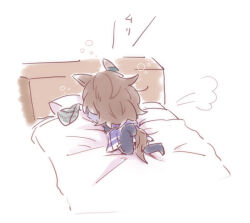  1girl animal_ears beanie bed beer_hsk black_pantyhose brown_hair chibi from_behind grey_hat hat horse_ears horse_girl horse_tail long_hair lying nakayama_festa_(umamusume) no_shoes on_bed on_stomach pantyhose pillow pleated_skirt purple_shirt purple_skirt school_uniform shirt simple_background skirt solo striped_clothes striped_headwear tail tracen_school_uniform translation_request umamusume unworn_hat unworn_headwear vertical-striped_clothes vertical-striped_headwear very_long_hair white_background 