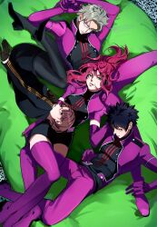  2boys 2girls acbi_0706 arms_behind_head bean_bag_chair black_hair blunt_bangs boots border_operator_uniform_(world_trigger) breasts brown_hair commentary elbow_gloves glasses gloves green_eyes hands_up headphones highres jacket katori_squad's_uniform katori_youko long_hair long_sleeves looking_at_viewer lying medium_breasts medium_hair miura_yuuta multiple_boys multiple_girls on_back pants pantyhose parted_lips purple_boots purple_jacket purple_pants red_hair short_hair short_sleeves somei_hana spiky_hair thigh-highs thigh_boots wakamura_rokurou white_hair world_trigger 