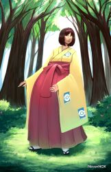  1girl absurdres brown_hair bush commission commissioner_upload dappled_sunlight erika_(pokemon) fingernails flower forest grass grey_eyes hairband hakama hand_on_own_stomach highres japanese_clothes kimono long_fingernails miko motherly nature nevannox non-web_source outdoors pokemon pokemon_frlg pregnant red_hakama red_lips sandals short_hair smile socks solo sunlight tree white_socks yellow_kimono 