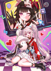  2girls absurdres black_choker black_gloves black_hair black_hat checkered_floor choker closed_mouth commentary_request diamond_(shape) diamond_facial_mark facial_mark fang fox_mask full_body gloves hat hat_ornament heart heart_facial_mark highres holding honkai:_star_rail honkai_(series) long_hair long_sleeves looking_at_viewer mask mini_hat mini_top_hat multiple_girls one_eye_closed open_mouth rabbit_hat_ornament red_sailor_collar red_shirt sailor_collar shirt single_glove skirt sparkle_(honkai:_star_rail) sparxie_(honkai:_star_rail) ssamsa0404 television top_hat twintails white_hair white_skirt wide_sleeves 