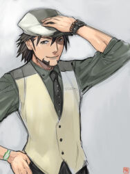  1boy arm_up bead_bracelet beads beard black_hair black_necktie black_pants bracelet brown_eyes brown_hat closed_mouth collared_shirt commentary facial_hair green_shirt hair_between_eyes hand_on_headwear hand_on_own_hip hat jewelry kaburagi_t._kotetsu looking_at_viewer male_focus necktie newsboy_cap orion_(orionproject) pants shirt short_hair signature smile solo standing tiger_&amp;_bunny upper_body vest watch watch white_vest 