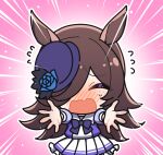  1girl animal_ears blue_flower blue_rose blush brown_hair chibi closed_eyes emphasis_lines flower flying_sweatdrops foreshortening hair_over_one_eye hat hat_flower horse_ears horse_girl long_hair mini_hat nose_blush open_mouth outstretched_arms pink_background pleated_skirt puffy_short_sleeves puffy_sleeves purple_shirt purple_skirt raised_eyebrows reaching reaching_towards_viewer rice_shower_(umamusume) rose school_uniform shirt short_sleeves skirt solo tracen_school_uniform umamusume warashi white_shirt white_skirt 