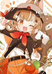  1girl ;3 ;d animal_ears arm_up artist_name belt black_belt black_gloves black_jacket blush brown_hair buttons chizu_(421ooouy) commentary_request cowboy_shot dot_nose fur-trimmed_sleeves fur_trim gloves hand_up highres holding holding_letter jacket letter long_hair long_sleeves looking_at_viewer multicolored_hair neckerchief one_eye_closed open_mouth orange_eyes orange_shorts original outline red_neckerchief shirt shorts simple_background smile solo squirrel_ears squirrel_girl squirrel_tail streaked_hair tail thick_eyebrows twitter_username watermark white_background white_outline white_shirt white_streaks 